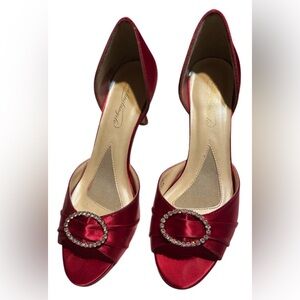 Elegant Red Satin Heels with Rhinestone Detail